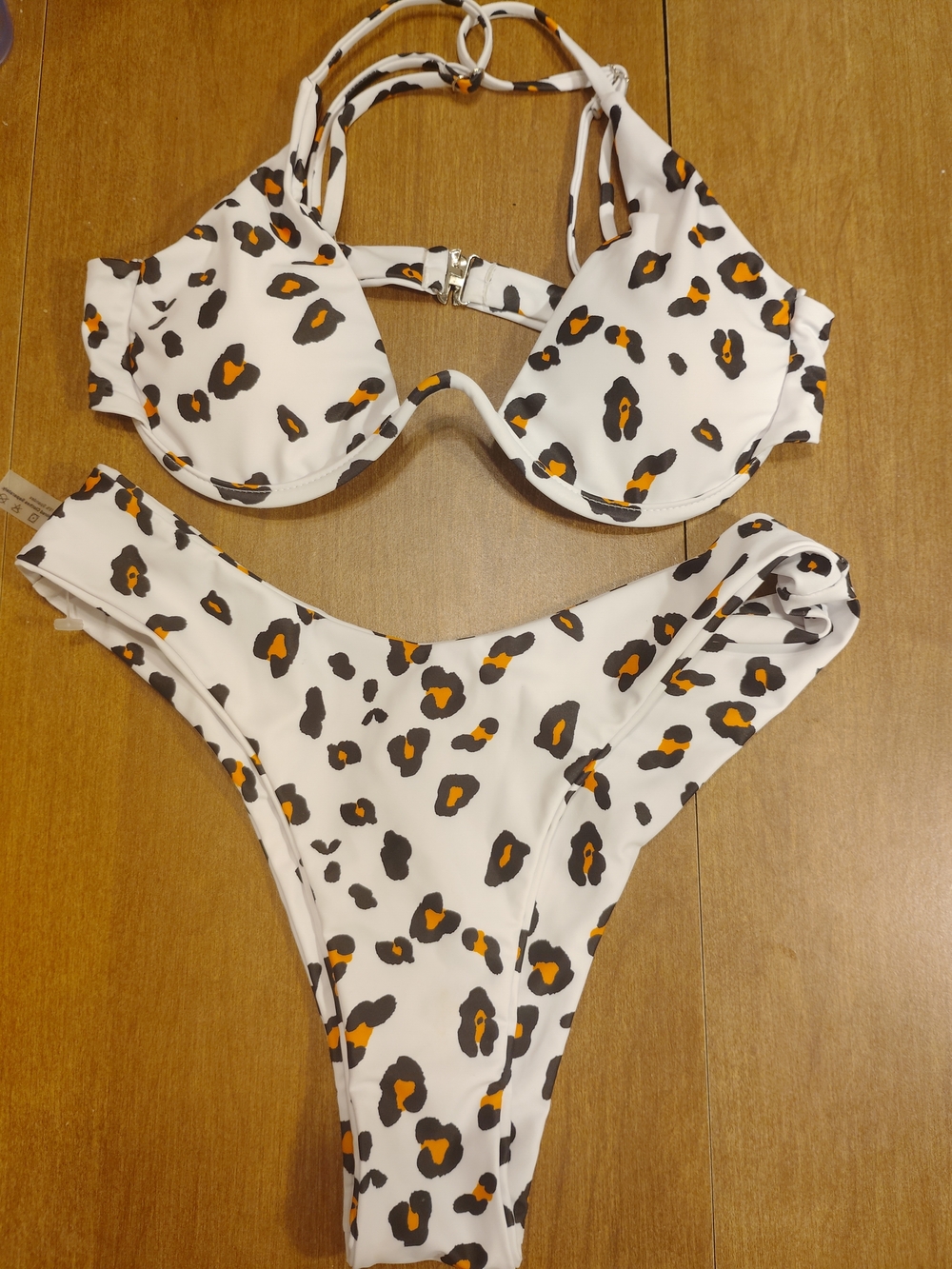 Zaful White Leopard Print Bikini with Black and Orange Spots